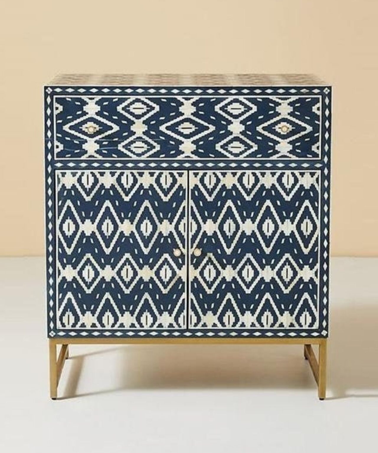 Leelawati Arts Bone Inlay Cabinet In Blue Bone Inlay Optical Design