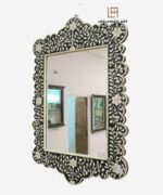 Wood Bone Inlay Black Flower Design Mirror Frame - Image 2