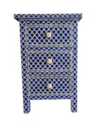 Leelawati Arts : Home Decor Blue Bone Inlay 3 Drawer Bedside Table / Fish Scale Pattern Bone Wood Bedside Table