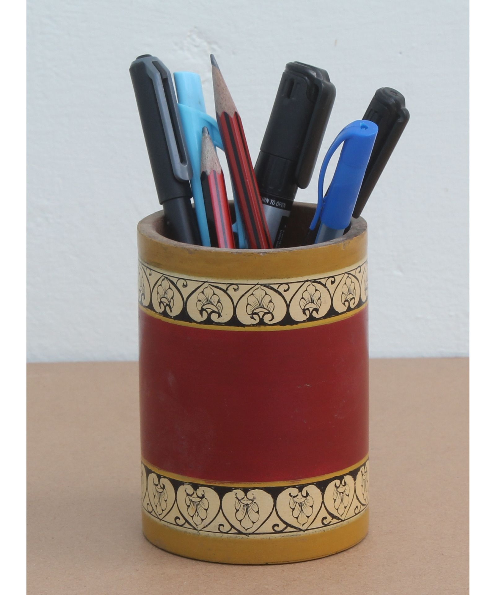 1-5-6.jpg Antique Wood Inlay Hand Painted Table Decorative Home Decorative Pen Holder - Image 1