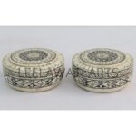 Wood Bone Inlay Home Decorative Unique Hand Painted Round Shape Storage Box