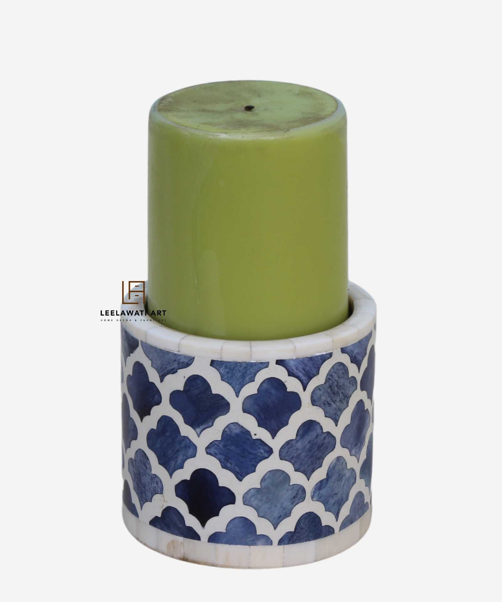 38.jpg Wood Bone Inlay Mughal Design Candle Holder - Image 1