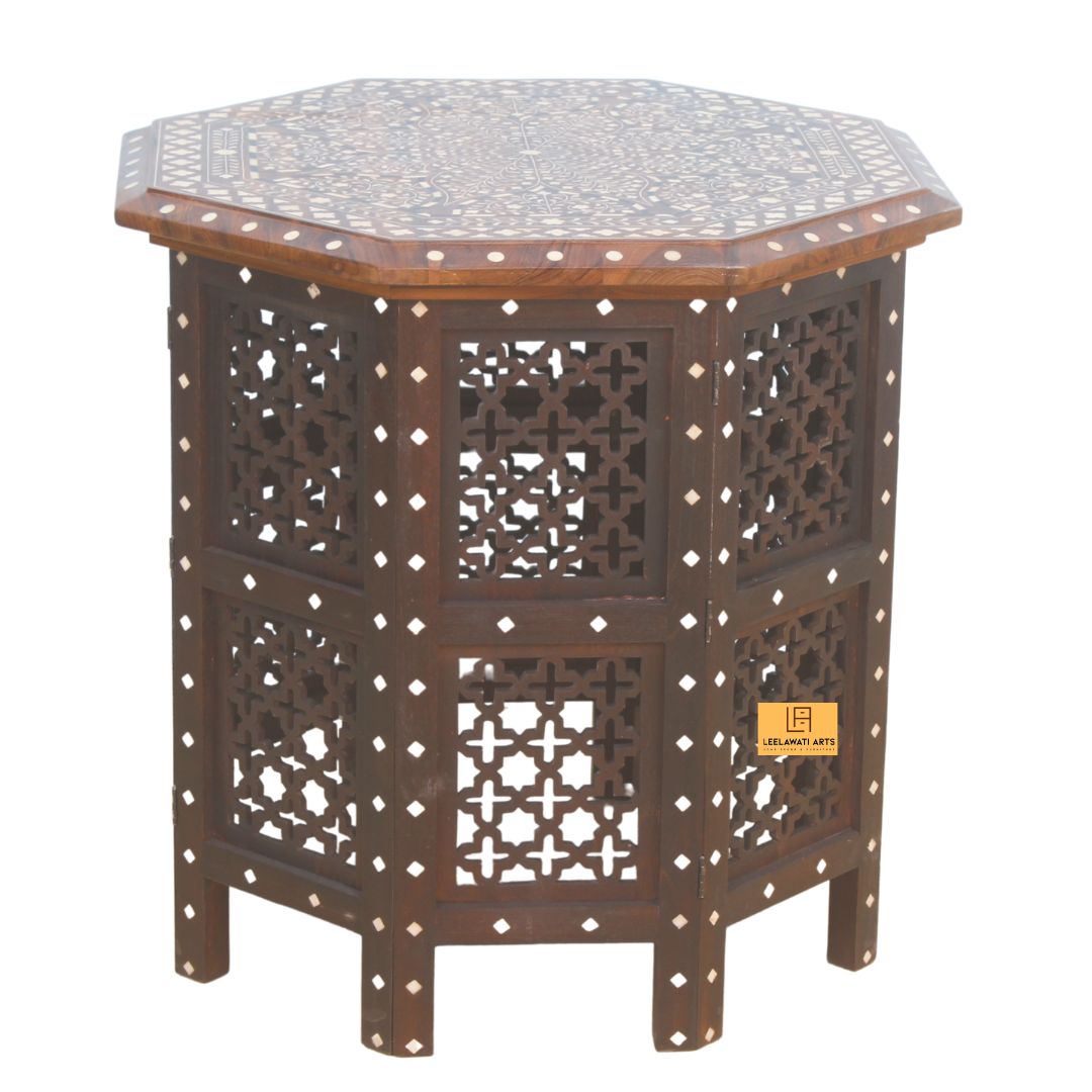 5 Wood Bone Inlay Hand Carving Hexagonal Side Table - Image 1