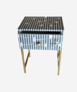 Bone Inlay 1 Drawer Bedside Table Gold Coated Legs Stand - Image 2