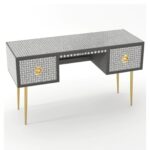 Leelawati Arts : Home Decorative 2 Drawer Wood  Bone Inlay Console Table / Black & Grey Geometric Pattern Console Table
