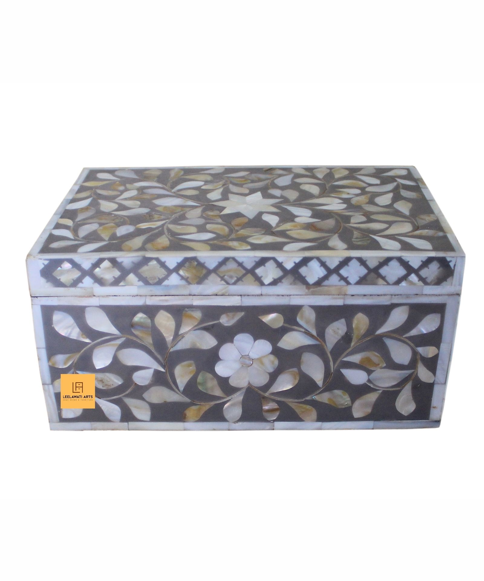 Website-49.jpg Leelawati Arts : Handmade Wooden Mother Of Pearl Design Box Grey Floral Design - Image 1