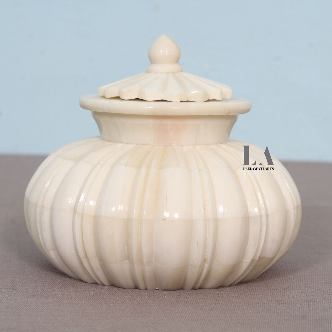 1 Leelawati Arts : Home Decorative Round Shape Bone Carving Design Jewelry Box - Image 1